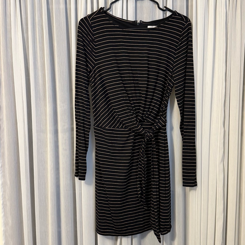 LOFT Side Tie Black and Gold Striped Dress